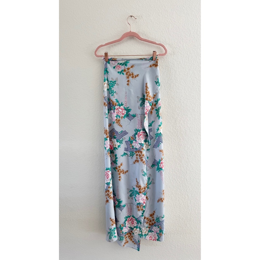 Hawaiian Palm Wrap‎ Maxi Skirt Womens S Blue Floral Vintage Tie Waist Peony